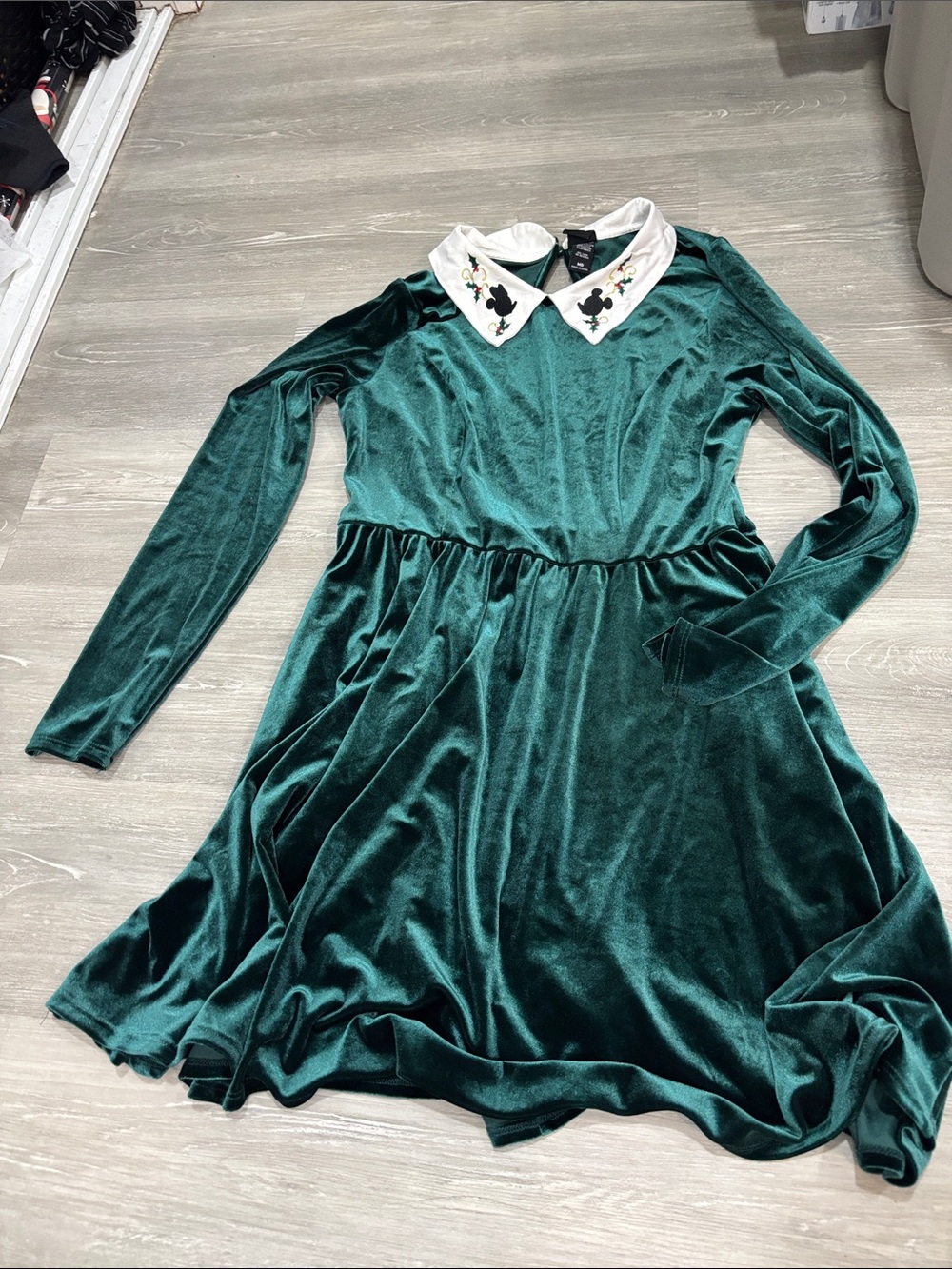 Disney Emerald Green Velvet Dress with Embroidered White Mickey and MinnieCollar